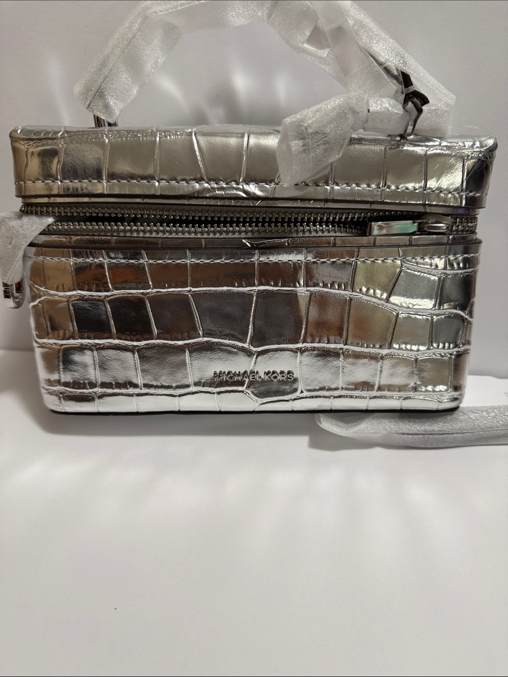 Michael Kors Metallic Silver Croc-Embossed Mini Vanity Bag
